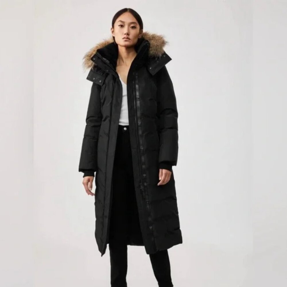 Mackage Jada Down Maxi Parka Coat with Fur Trim, Medium, Black